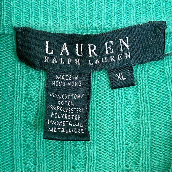 Ralph Lauren Cable Knit Zip Cardigan Sweater  Green Gold Trim Collar Vintage XL - Picture 10 of 10